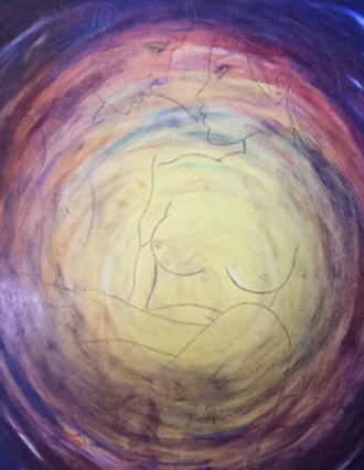 Couple in Round — painting of two embracing figures in a violet spiral