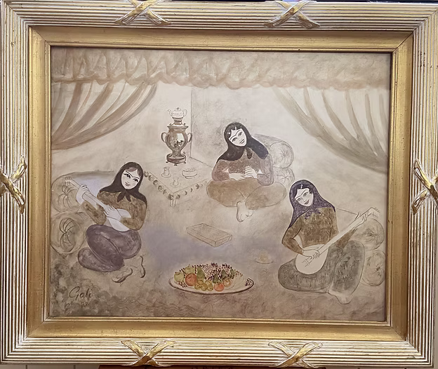 Samovar Party — painting of women gathered around a samovar with fruit and music