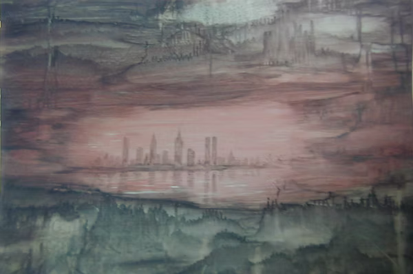 Skyline in the Mist — painting of a distant city under haze