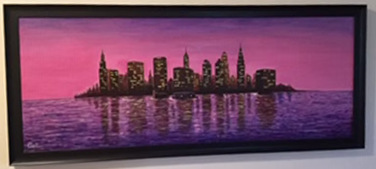 Violet Skyline — painting of a city silhouette against a violet sky